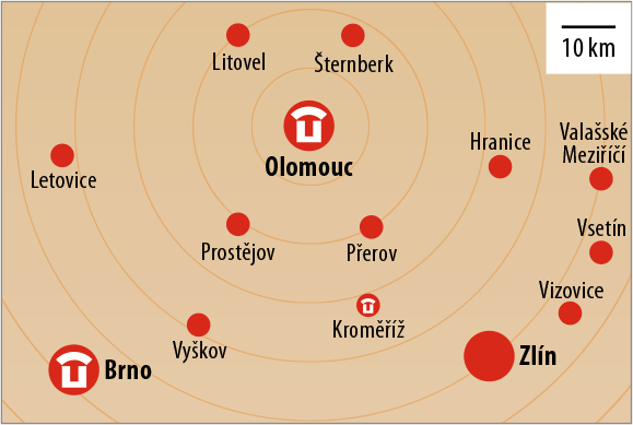 The city of Olomouc and its surroundings on the map