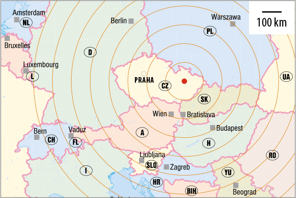 The city of Olomouc and Central Europe on the map